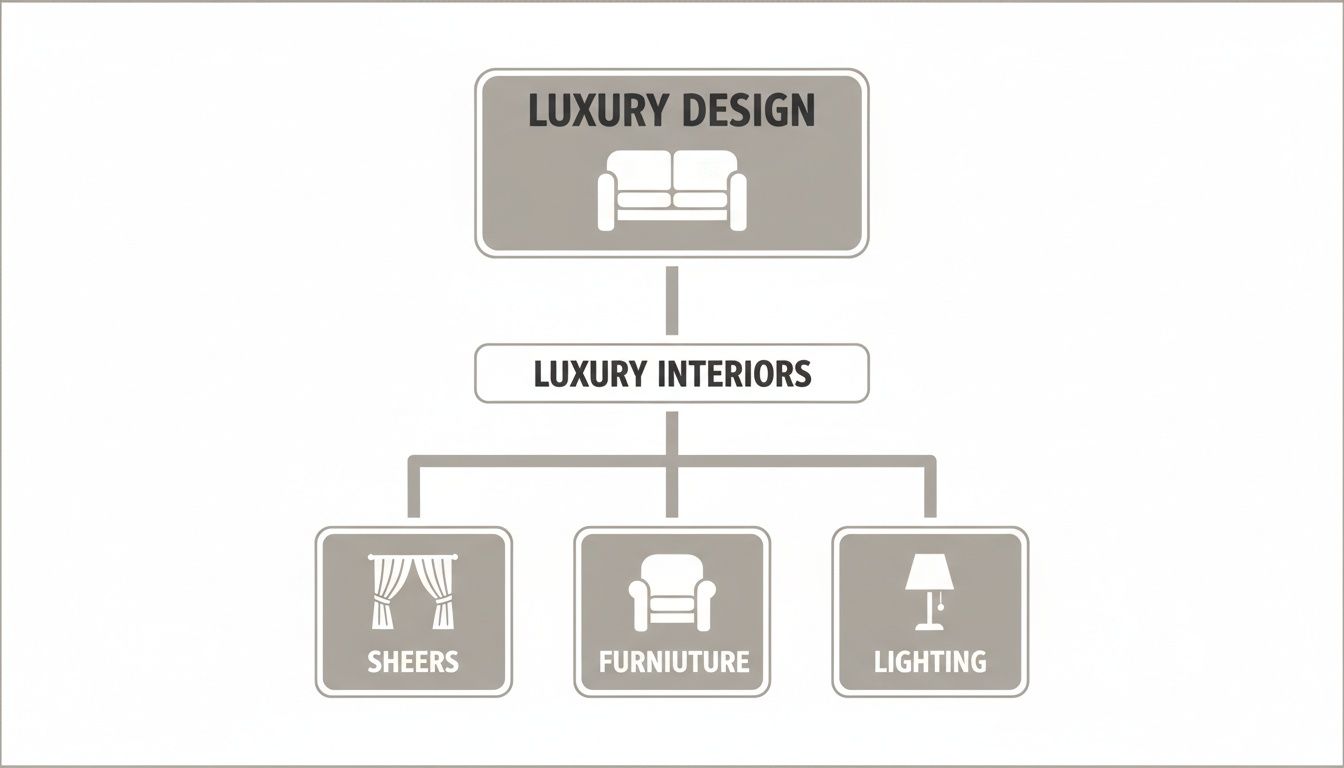 An organizational chart showing Luxury Design leading to Luxury Interiors, then to Sheers, Furniture, and Lighting.