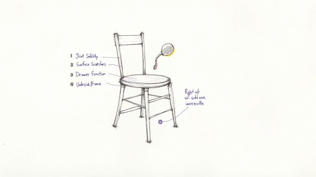 Hand-drawn sketch of a wooden chair with notes indicating joint stability, surface scratches, and frame inspection points.