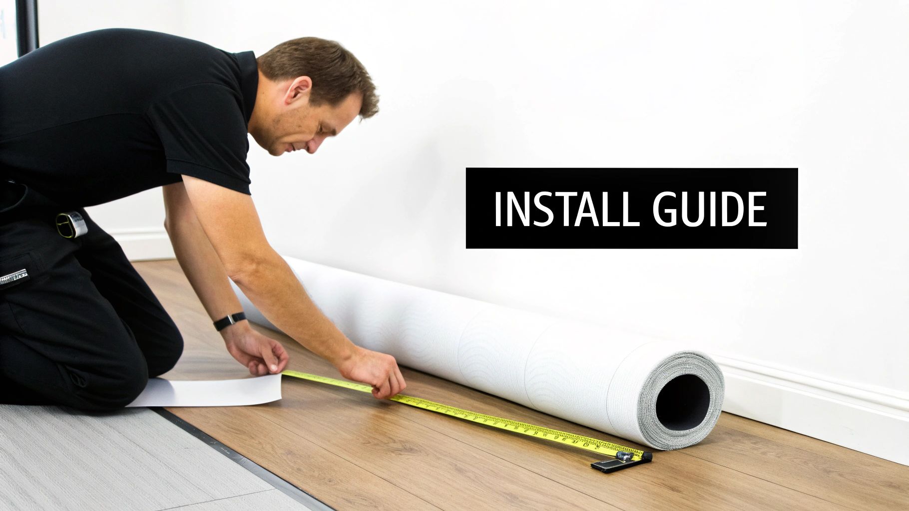 A professional installer carefully laying down a non-slip vinyl plank in a kitchen.