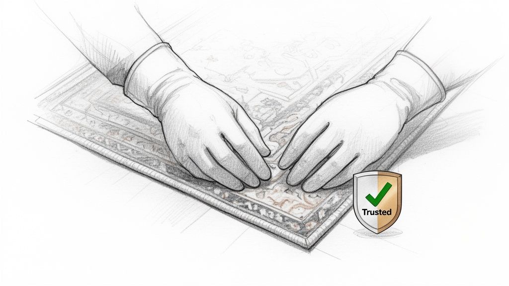 Gloved hands carefully inspect a patterned rug, highlighting professional and trusted rug cleaning services.