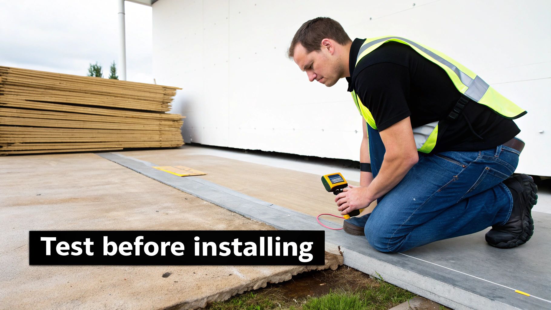 A man in a safety vest kneels, using a device to test a concrete floor for moisture before installation.