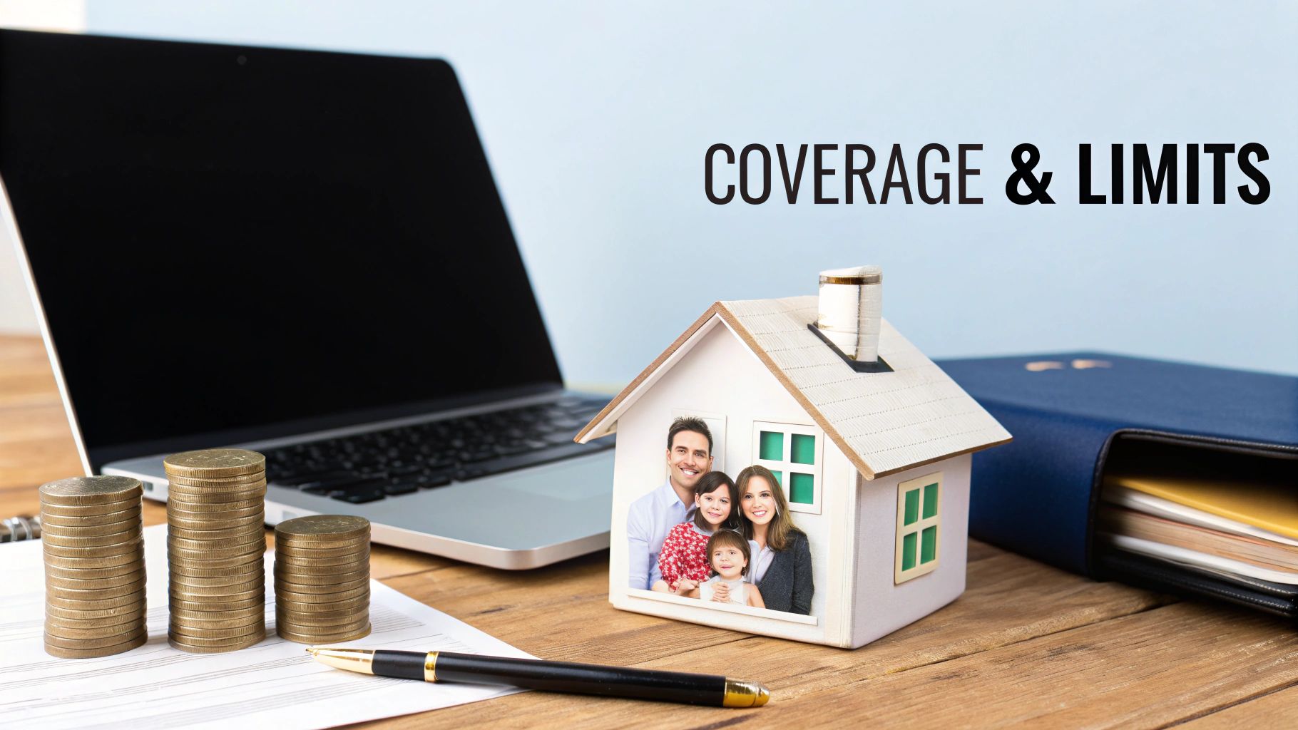 A desk with a laptop, stacks of coins, a model house with a family photo, and a pen, illustrating coverage and limits.