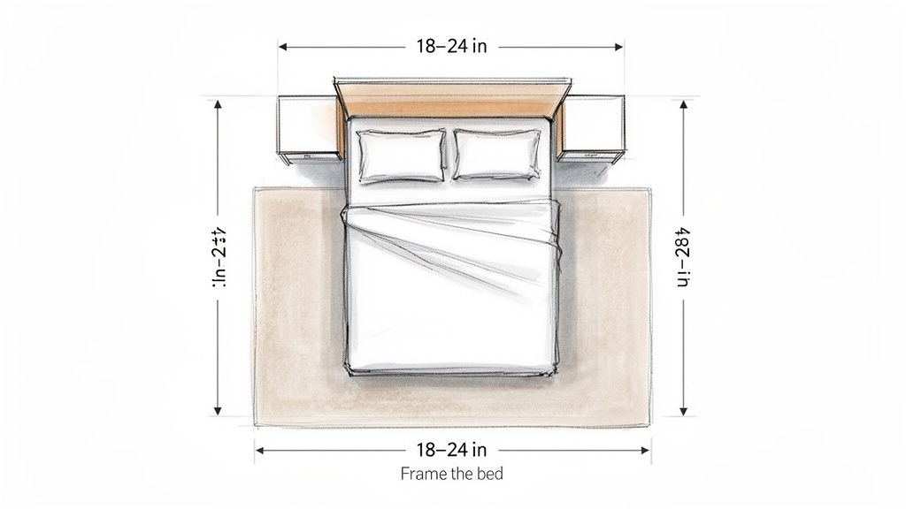 Overhead sketch illustrating optimal rug placement and dimensions around a bed with nightstands in a bedroom.