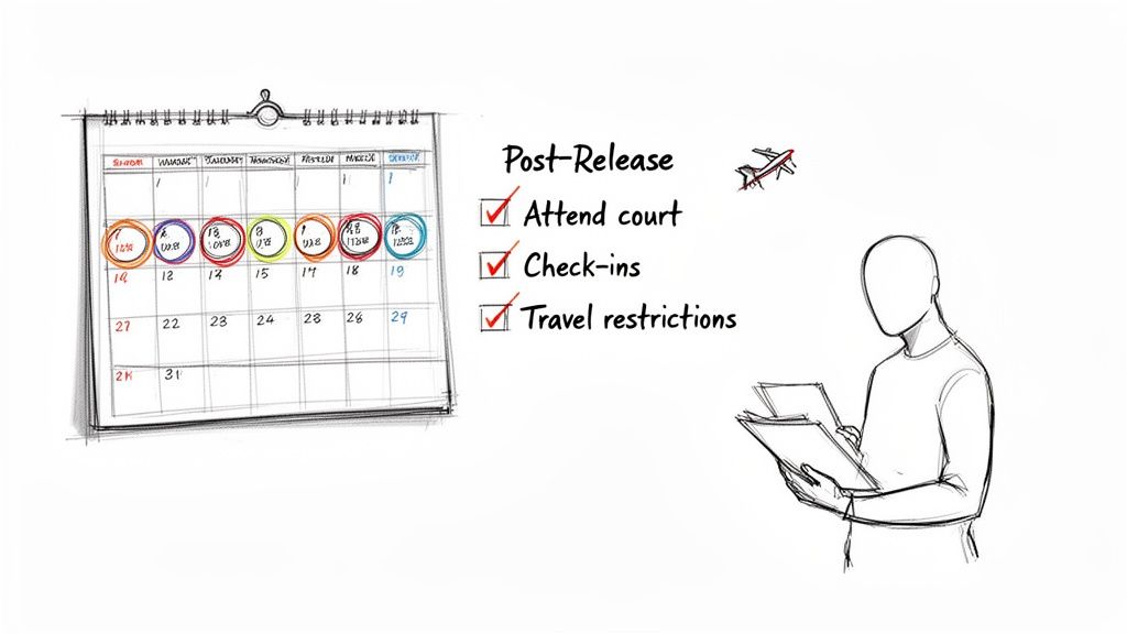 A calendar, post-release checklist with court, check-ins, and travel restrictions, and a person reviewing documents.