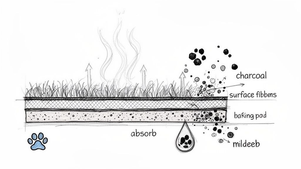 A diagram illustrates a pet mat's layers, showing absorption, evaporation, and odor-controlling charcoal.