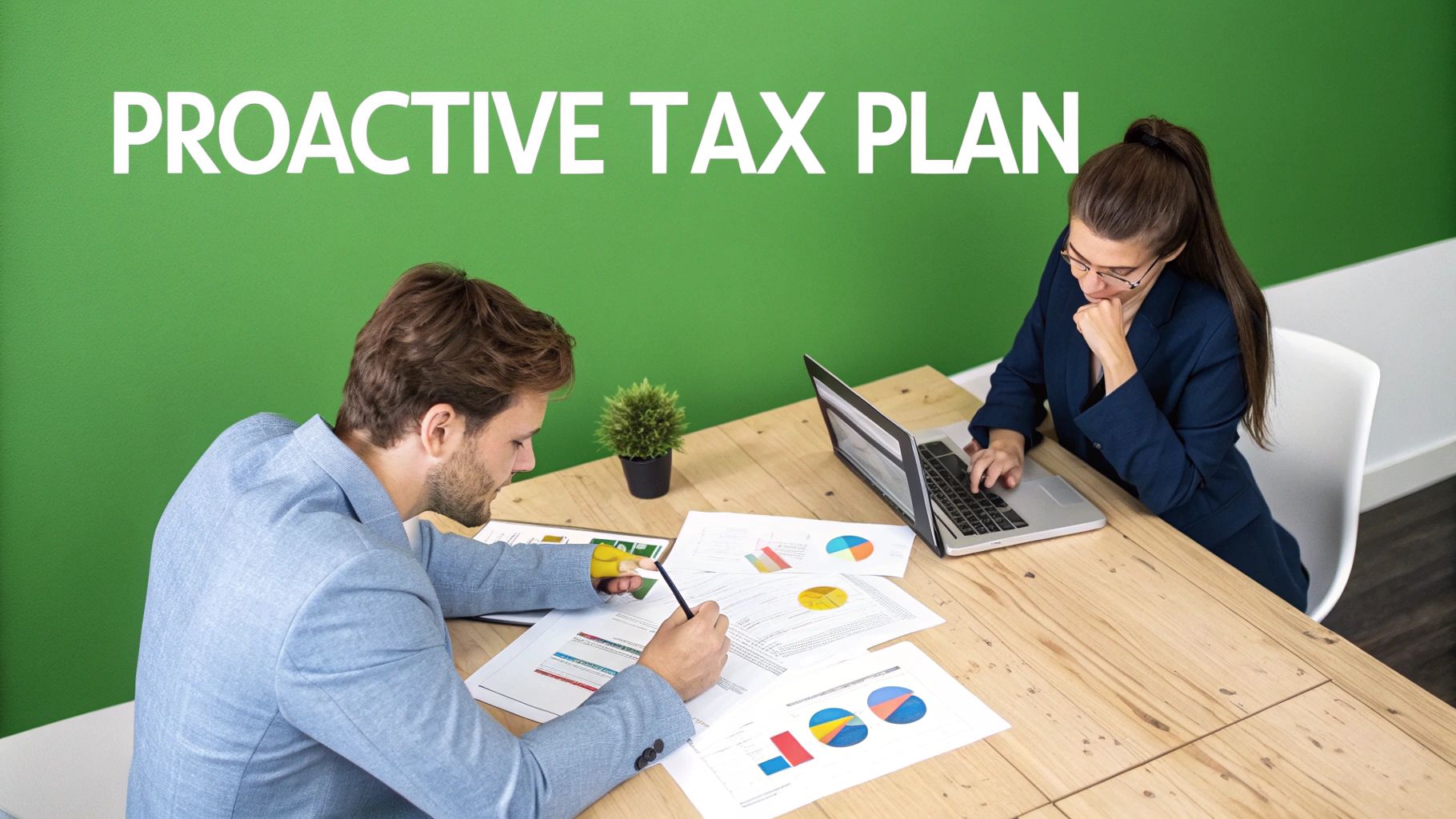 Two professionals review financial documents and work on a laptop, emphasizing proactive tax planning.