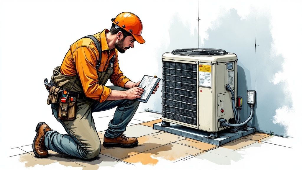 HVAC technician performing maintenance on an outdoor AC unit.