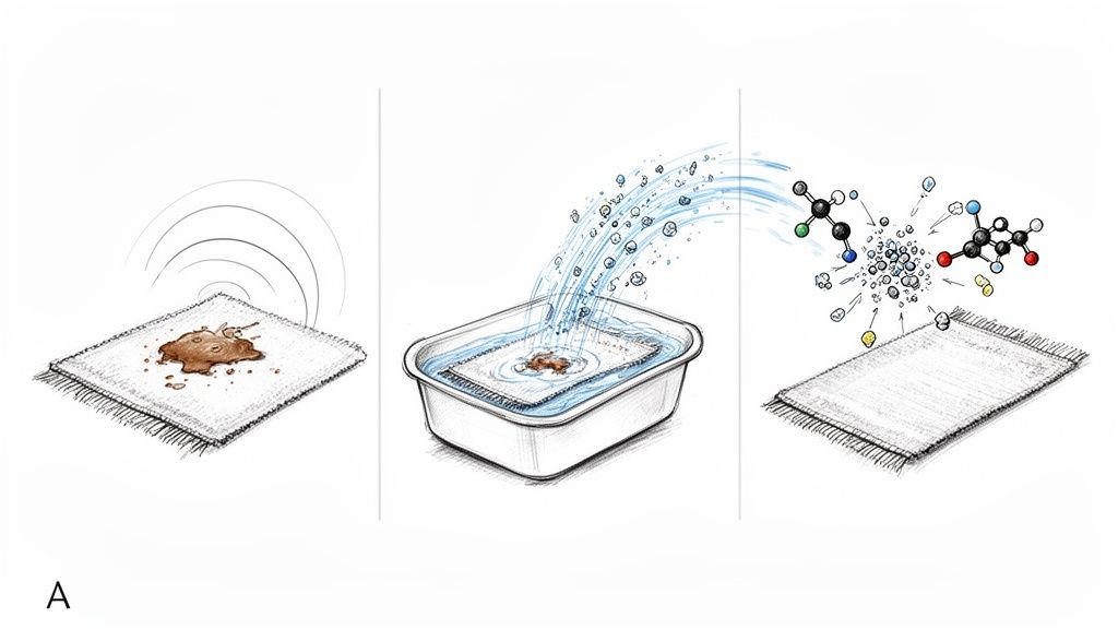 Three-step illustration: stained carpet, then cleaned with water and ultrasonic waves, resulting in a spotless carpet.
