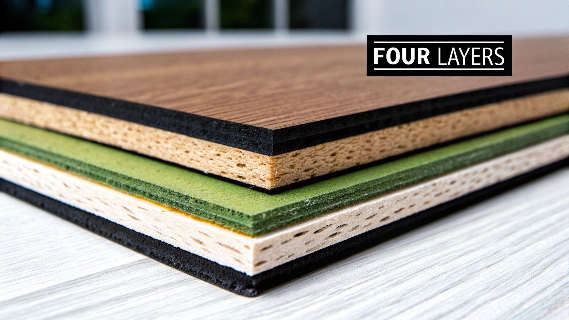Diagram showing the four layers of laminate flooring construction.