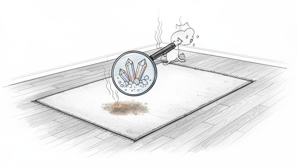 Illustration of a distressed cat examining a urine stain on a rug with a magnifying glass revealing crystals.