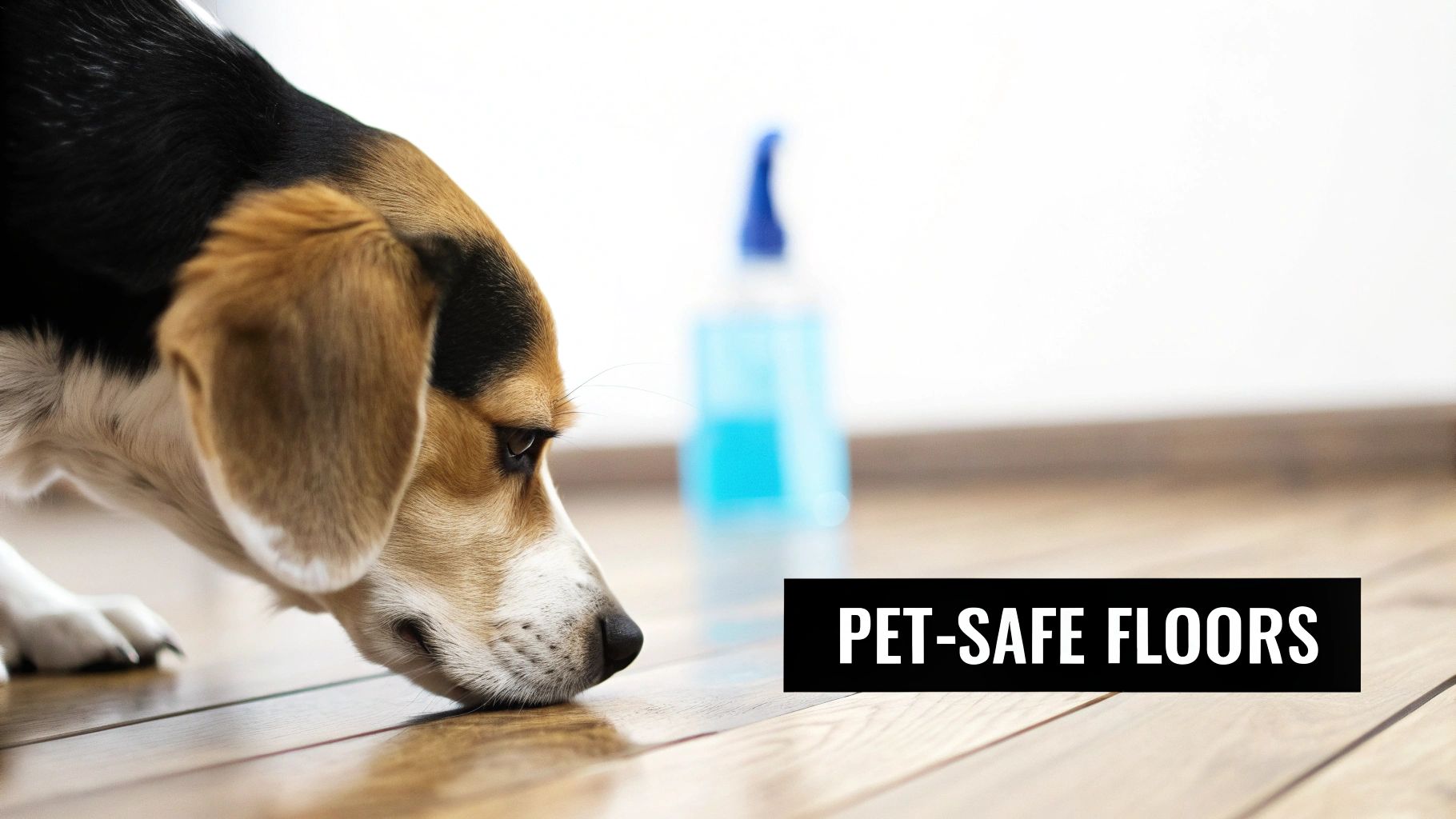 A tricolor Beagle dog sniffing a light wooden floor, with a blurred blue spray bottle and 'PET-SAFE FLOORS' text.