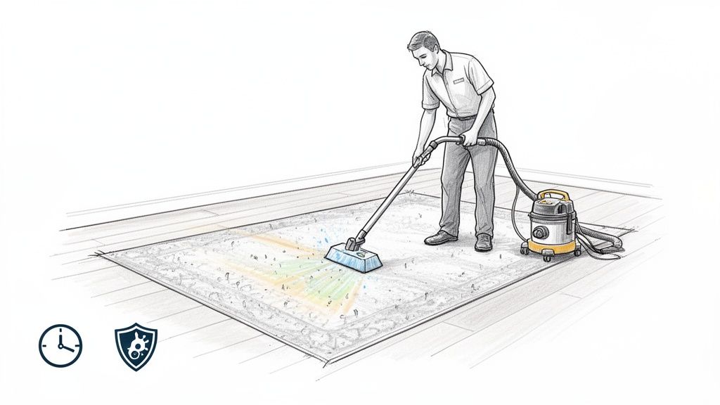 Man performing professional low moisture carpet cleaning with a specialized machine and solution.