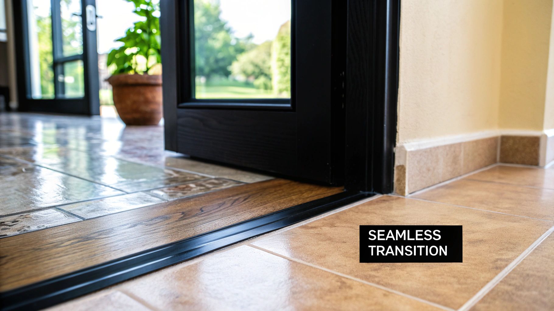 Close-up of a seamless floor transition molding between different tiled floors in a doorway.
