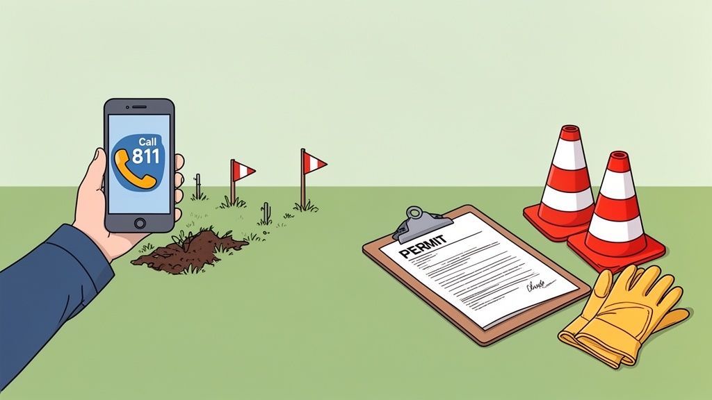 A hand holding a smartphone with "Call 811" on screen, next to digging flags, permit, cones, and gloves.