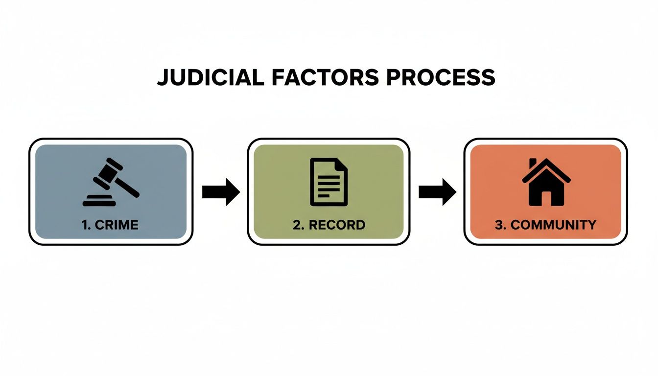 Diagram illustrating the Judicial Factors Process, showing crime, record, and community as sequential steps.