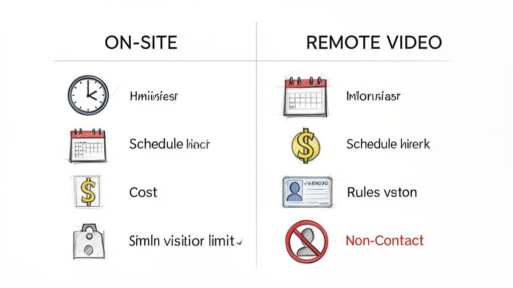 A comparison chart contrasting features of on-site versus remote video interactions, showing time, cost, and contact details.