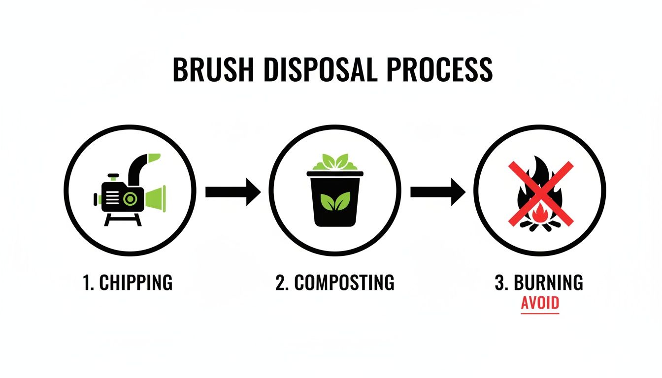 Infographic illustrating brush disposal steps: chipping and composting are recommended, while burning is to be avoided.
