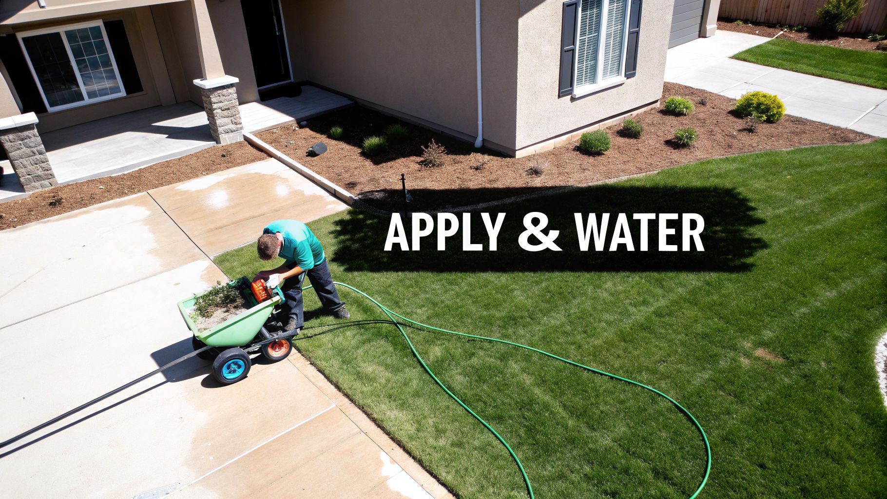 A man applying lawn treatment from a spreader, with a garden hose ready for watering the green grass.