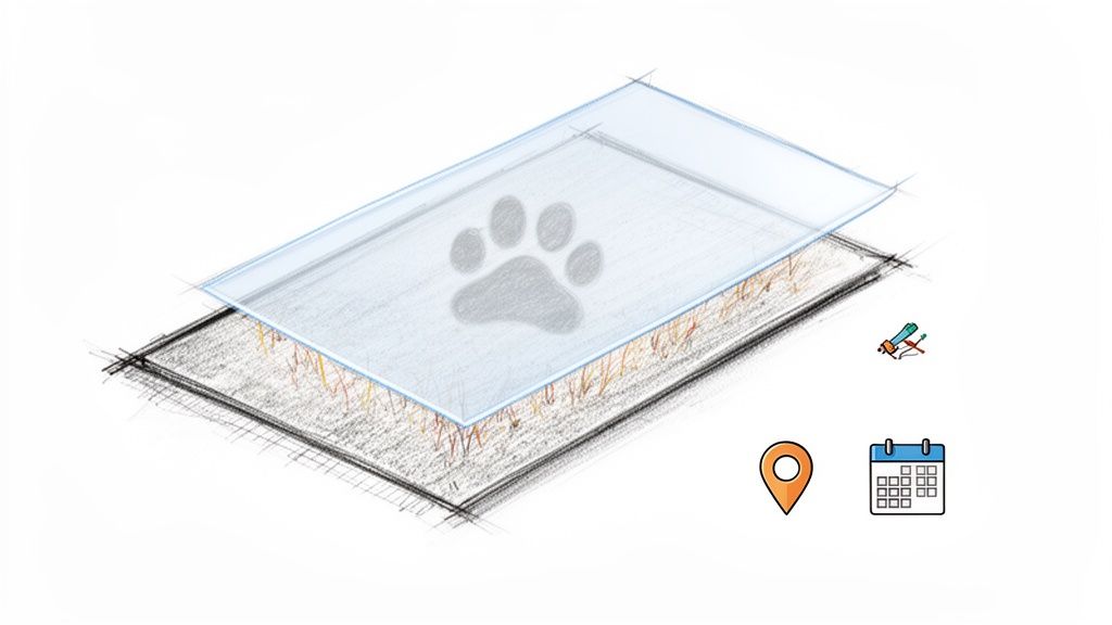 Diagram showing conceptual layers of a carpet with a paw print, illustrating pet odor removal.