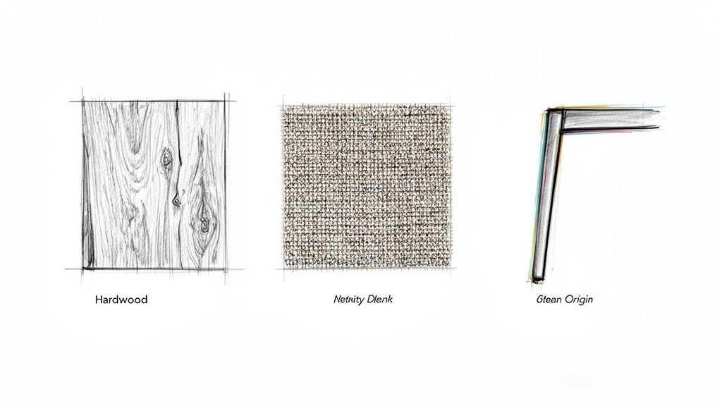 Three sketched material samples: hardwood, textured fabric, and a sleek metal corner design.