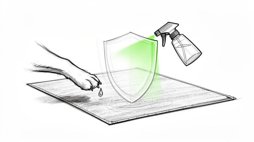 Sketch illustrating a dog paw on a carpet, protected by a shield sprayed with a cleaning solution.