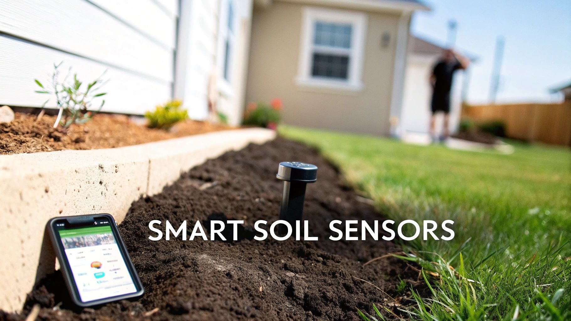 A smartphone displaying a garden app next to a smart soil sensor in a garden bed with a house.