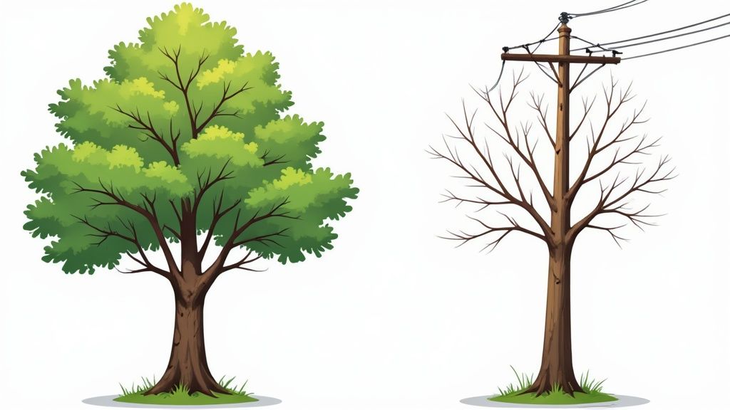 A professional arborist carefully trimming a large tree branch near a house in Atlanta
