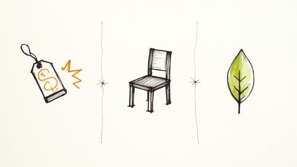 Hand-drawn price tag with dollar sign, a wooden chair, and a green leaf representing product cost and sustainability.