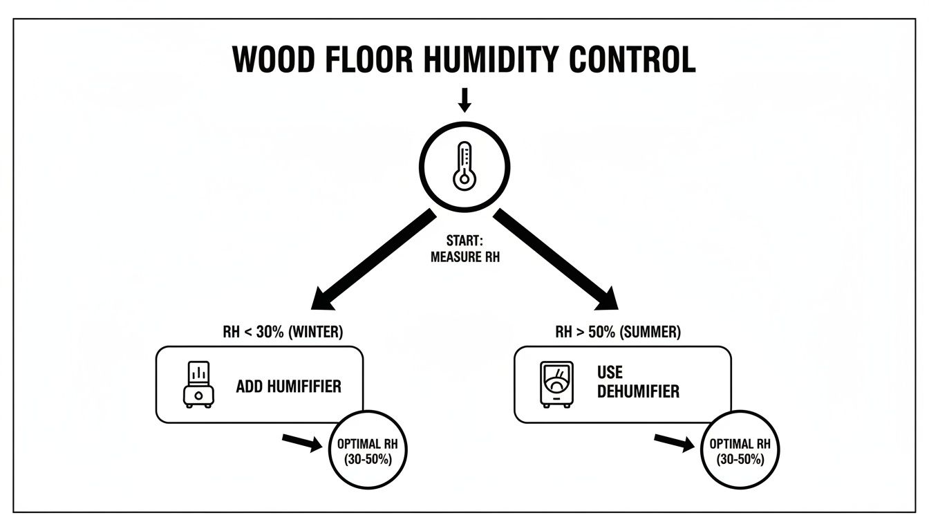 Flowchart detailing wood floor humidity control, using humidifiers in winter and dehumidifiers in summer for optimal RH.
