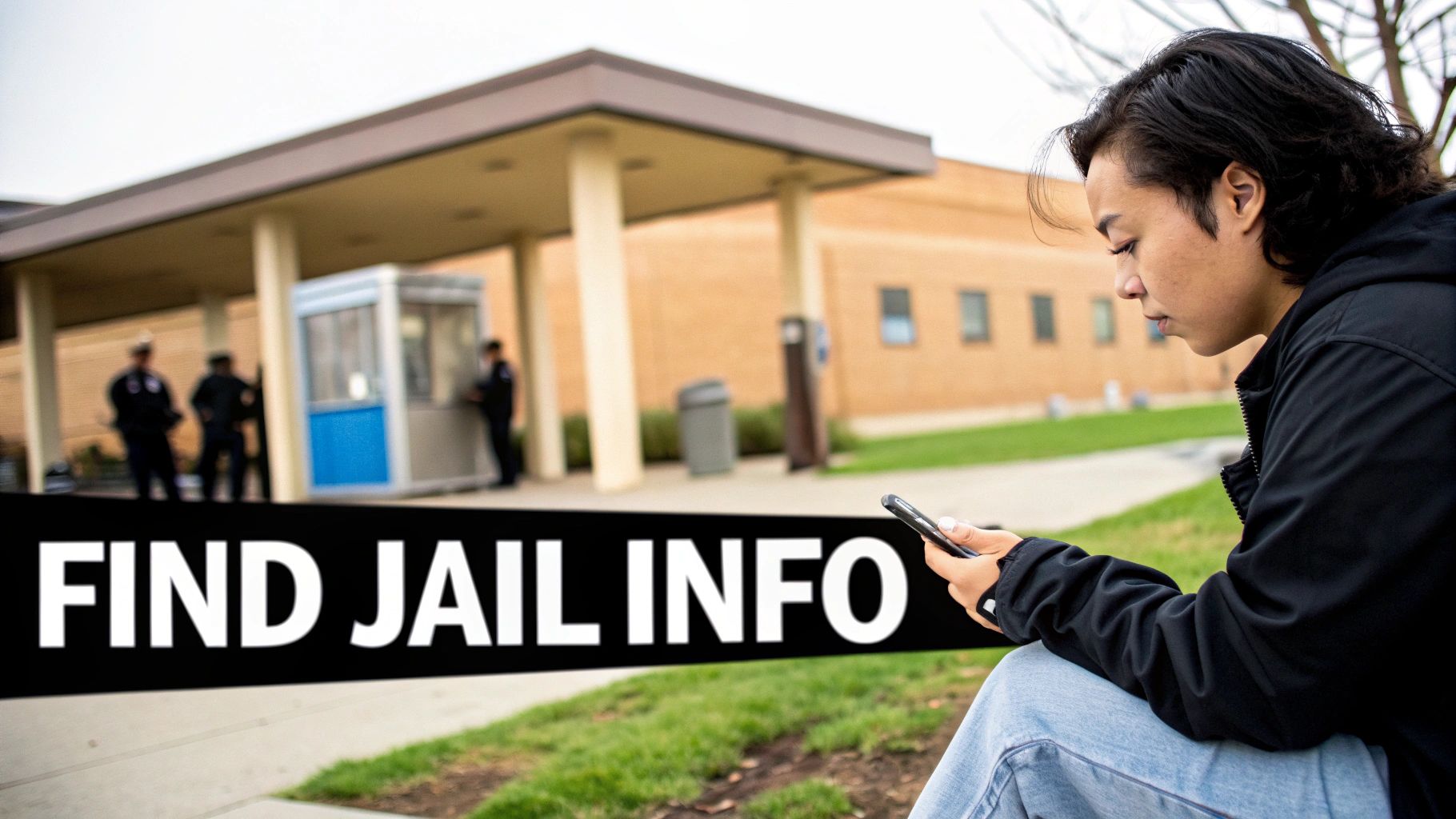 A person intently searches for jail information on their phone outside a detention center.