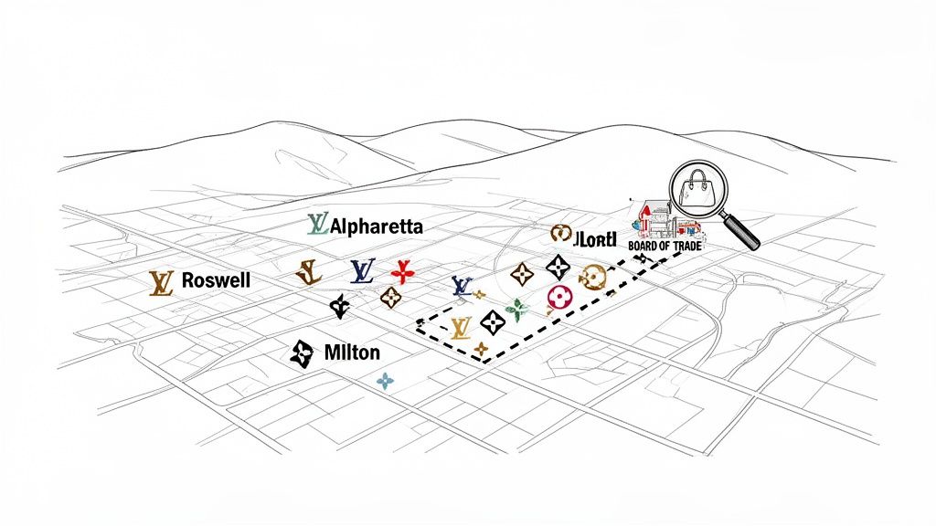 A map showing various Louis Vuitton logos, cities like Alpharetta, Roswell, Milton, and a "Board of Trade" building.