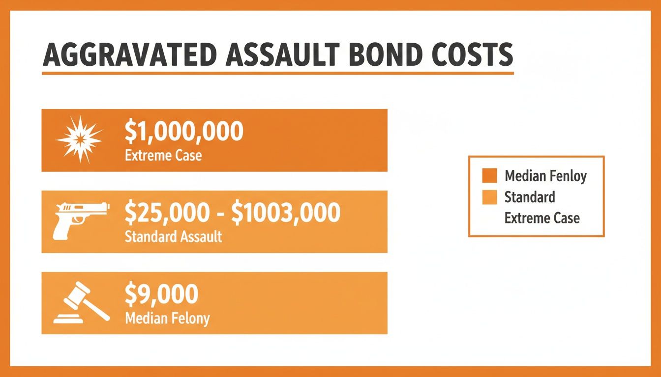 An infographic illustrating aggravated assault bond costs, ranging from $9,000 median felony to $1,000,000 extreme case.