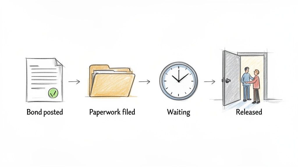 A four-step illustration showing the process of posting a bond, filing paperwork, waiting, and eventual release.