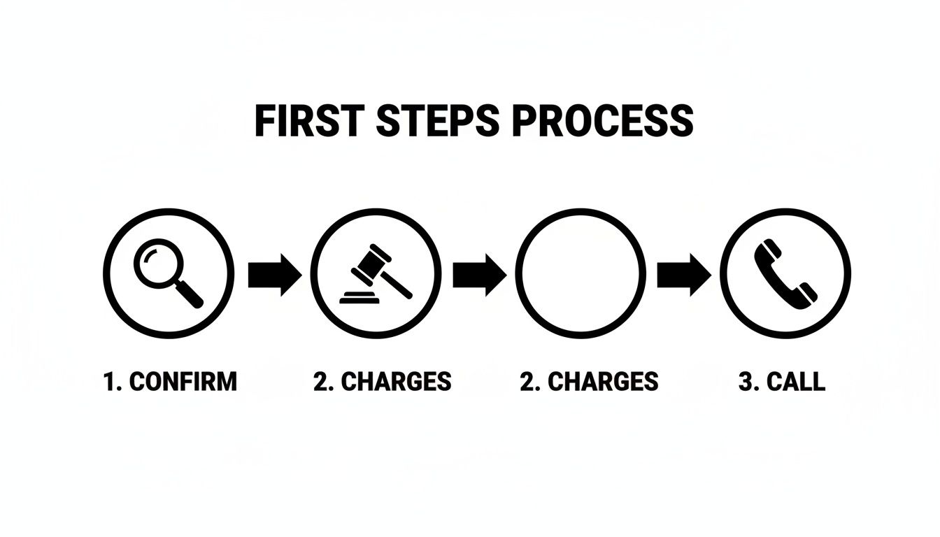 A flowchart titled 'First Steps Process' with four steps: Confirm, Charges, Charges, and Call, each with an icon.