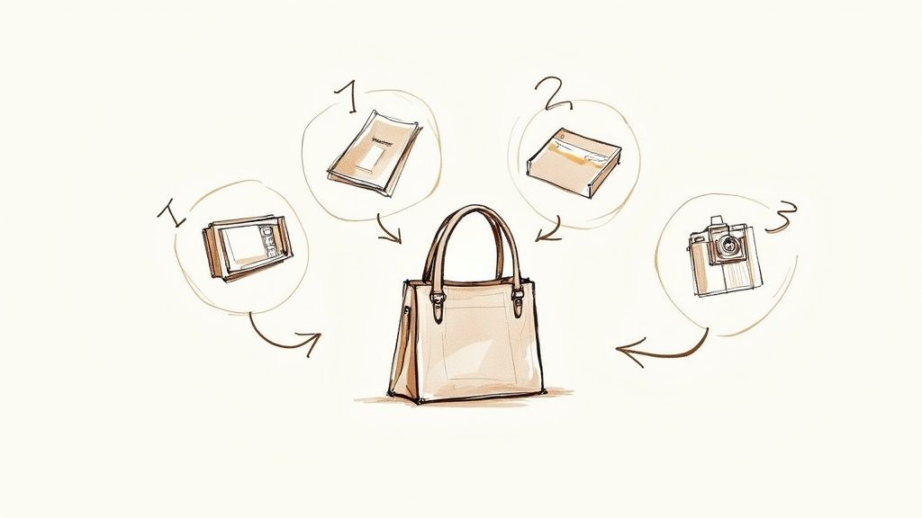 A pre-owned Louis Vuitton bag is carefully prepared for sale, with cleaning supplies and the original dust bag nearby.