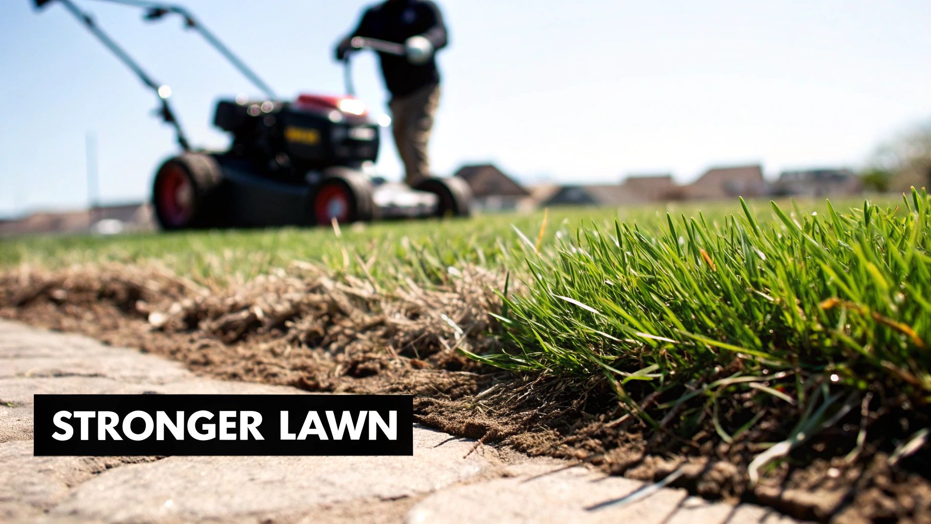 Close-up of vibrant green grass next to a paved path, with a person mowing in the blurred background. Text: STRONGER LAWN.
