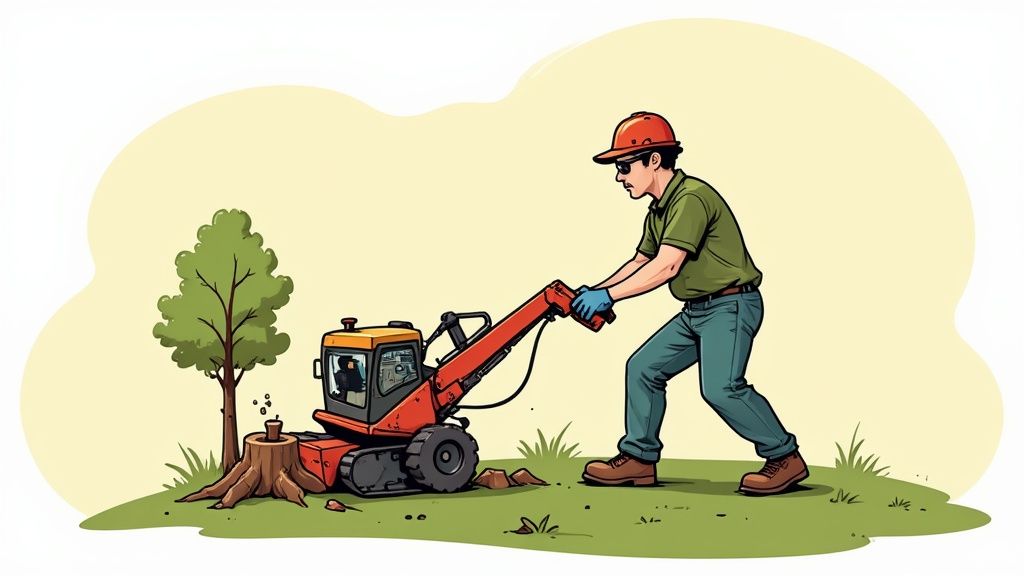 A person operating a stump grinder to remove a tree stump in their yard.