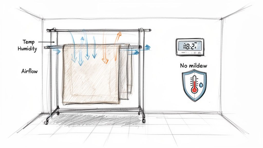 Diagram illustrating effective air circulation for indoor clothes drying, preventing mildew at optimal temperature.