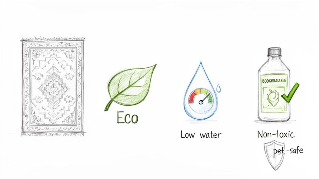 Hand-drawn icons illustrating eco-friendly, low-water, non-toxic, and pet-safe features for rug cleaning.