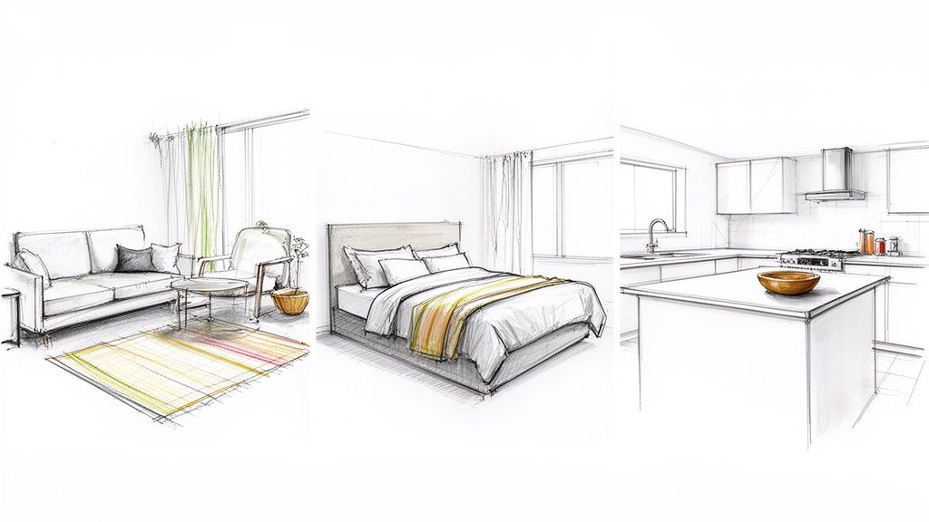 Three detailed sketches showcasing different home interiors: a living room, bedroom, and modern kitchen.