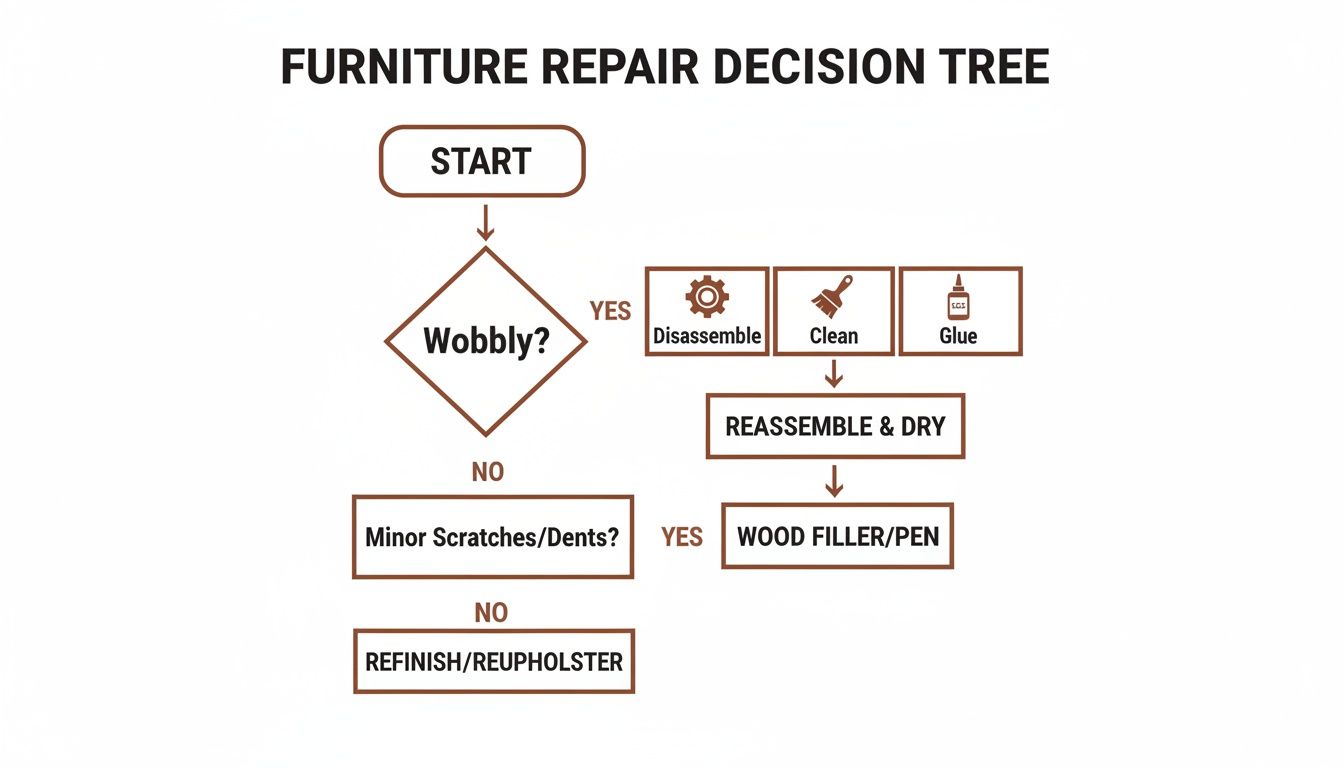 A flowchart detailing a furniture repair decision tree, guiding users through steps for wobbly, scratched, or dented furniture.