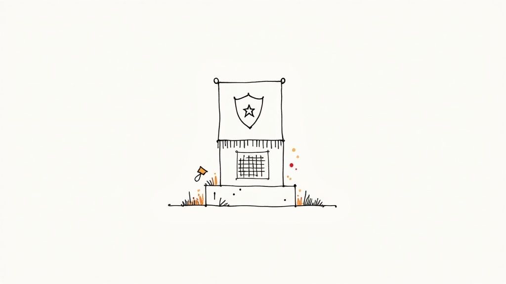 A hand-drawn illustration of a minimalist monument featuring a shield with a star and a grid pattern.