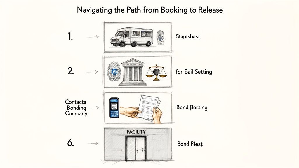 Flowchart showing the process of booking, bail setting, contacting a bonding company, and release from a facility.