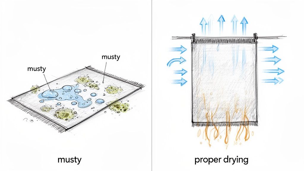 Illustration showing the difference between a musty, wet rug with mold and a properly drying rug with controlled airflow.