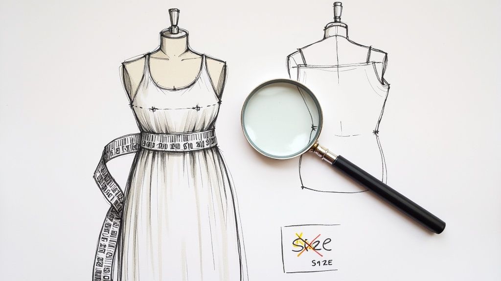 Dress form mannequin with measuring tape and magnifying glass examining size label for consignment