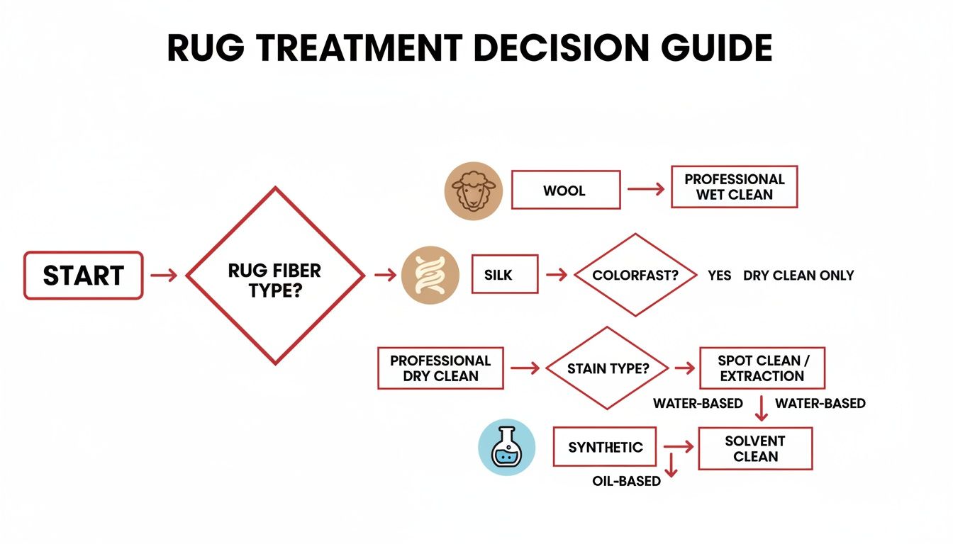 A comprehensive flowchart guiding rug treatment decisions based on fiber type, colorfastness, and stain type.
