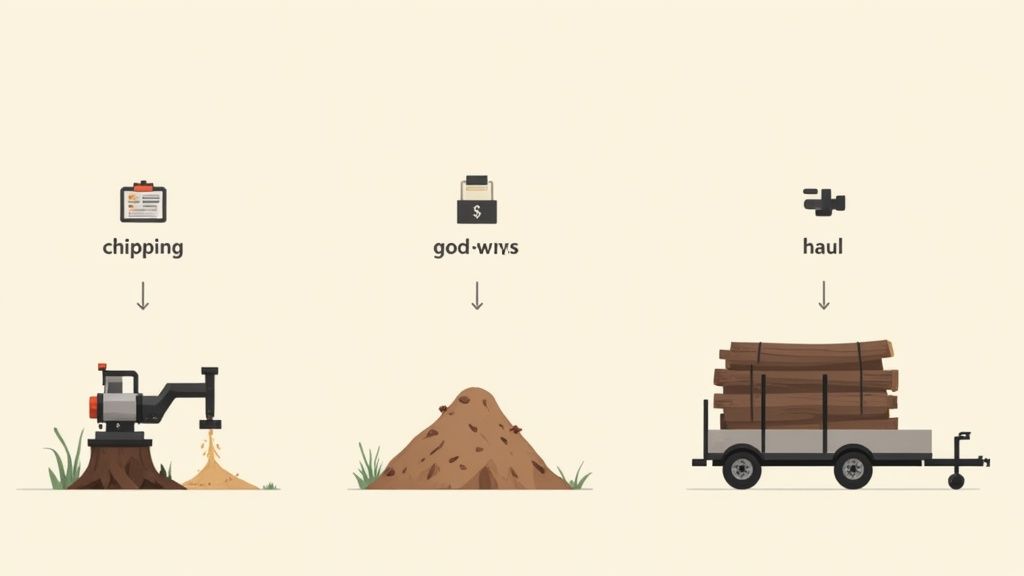 A large pile of freshly chipped wood mulch next to a wood chipper machine.