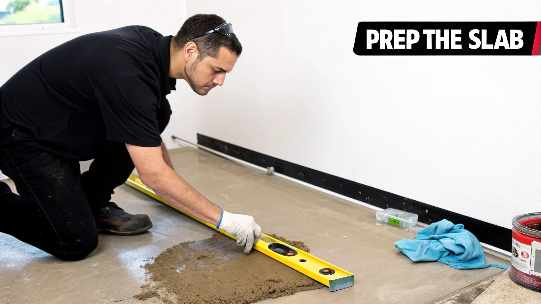 Man in safety glasses and gloves uses a level to spread leveling compound on a concrete slab.