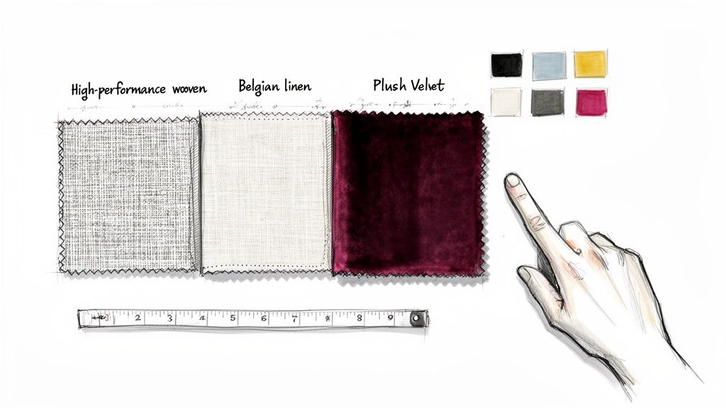 Three fabric swatches: high-performance woven, Belgian linen, plush velvet, with a color palette.