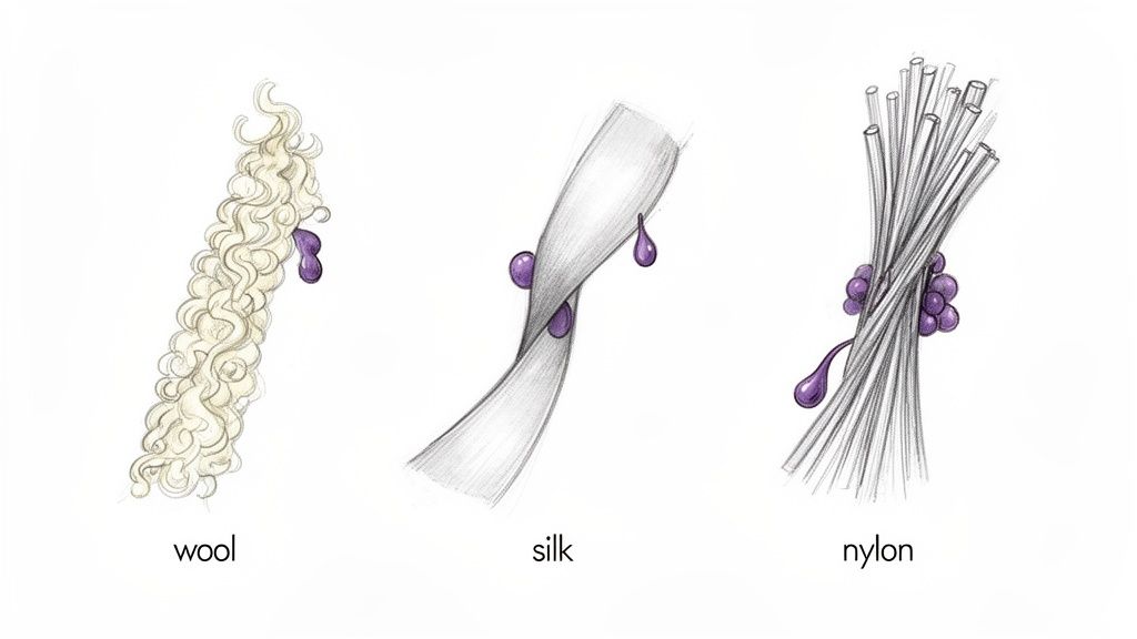 Illustrations of wool, silk, and nylon fibers, each with purple drops representing stains.